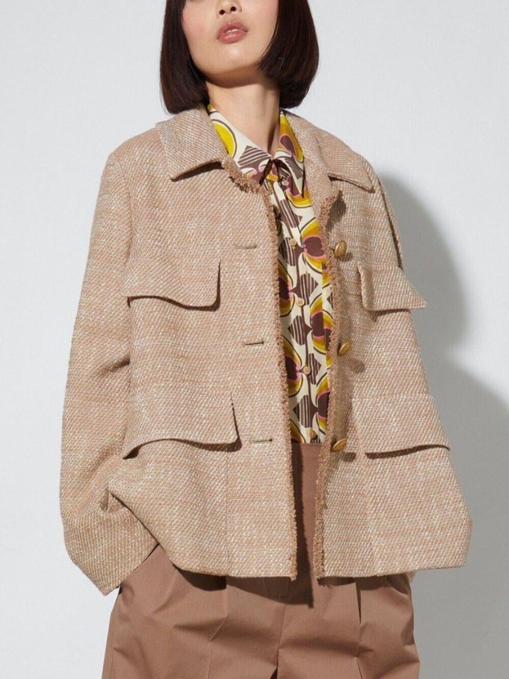 Luisa Cerano Brown Cotton Knit-Tweed Fringed Field Jacket